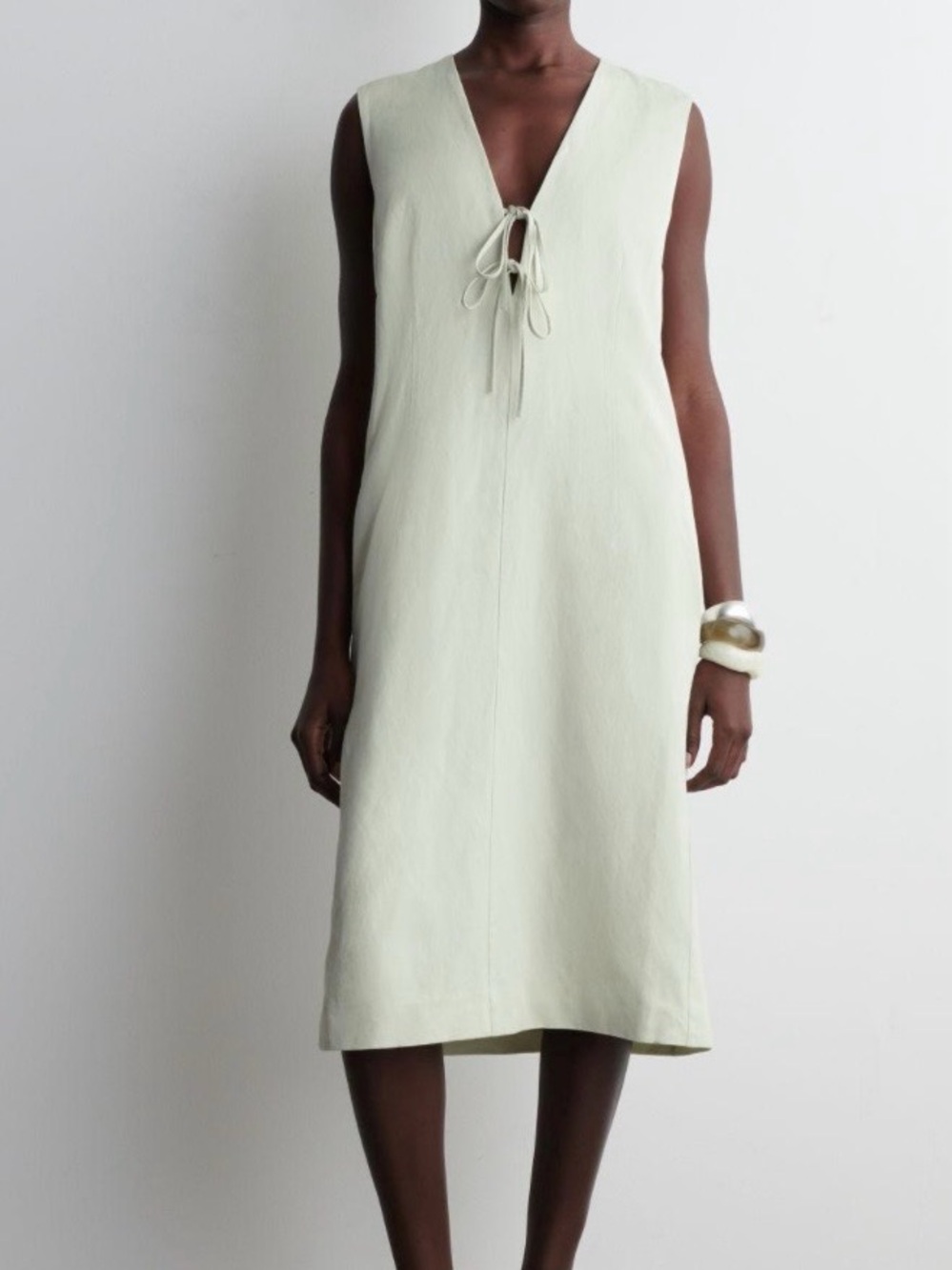 COS Sleeveless V-Neck Tie-Front Midi Dress in Pale Sage